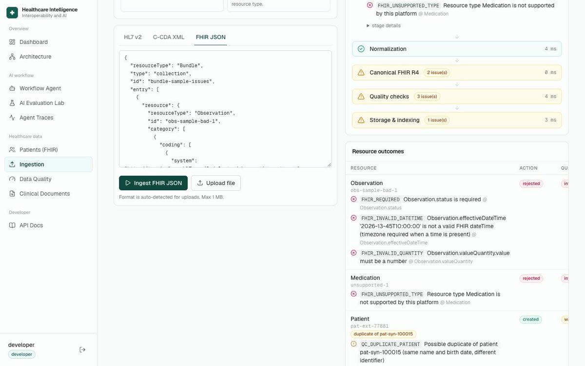 Ingestion page showing a healthcare message moving through validation stages